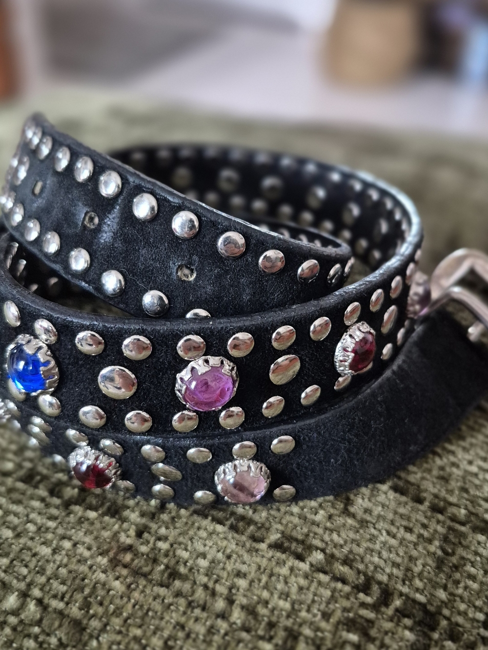 Black Studded Suede Belt with Multicolor Gem Accents